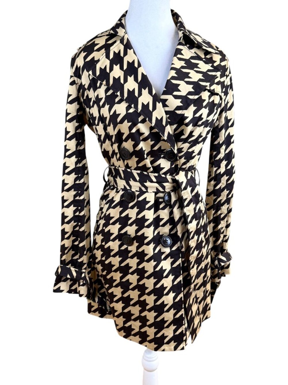 Vertigo Paris Trench Coat Houndstooth Black Tan Belted Double Breasted (S)